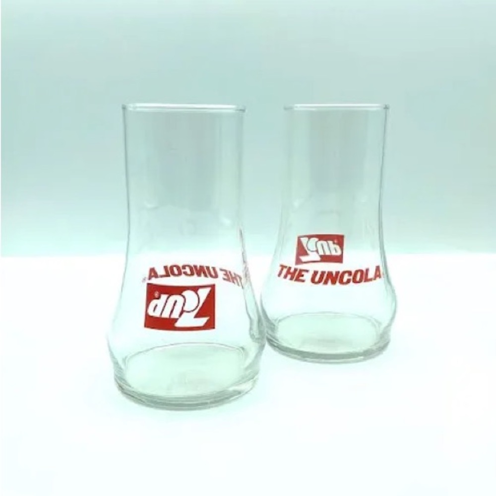 Vintage Two 7UP Upside Down Glass The Uncola Coca Cola 7-Up 1970s Glasses 16oz